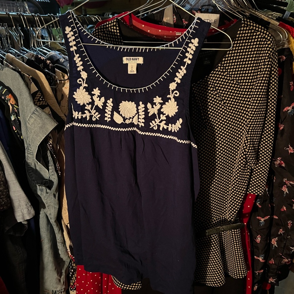 Old Navy Dark Blue Tank Top with White Embroidery